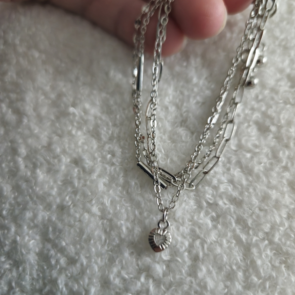 Layered Anklet Silver Heart Charm Set - 4 Dainty Chains with Mixed Link Styles - Picture 2 of 3